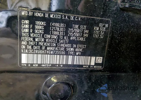 2016 Honda Hr-V Exl from USA, damaged, VIN 3CZRU6H74GM735596